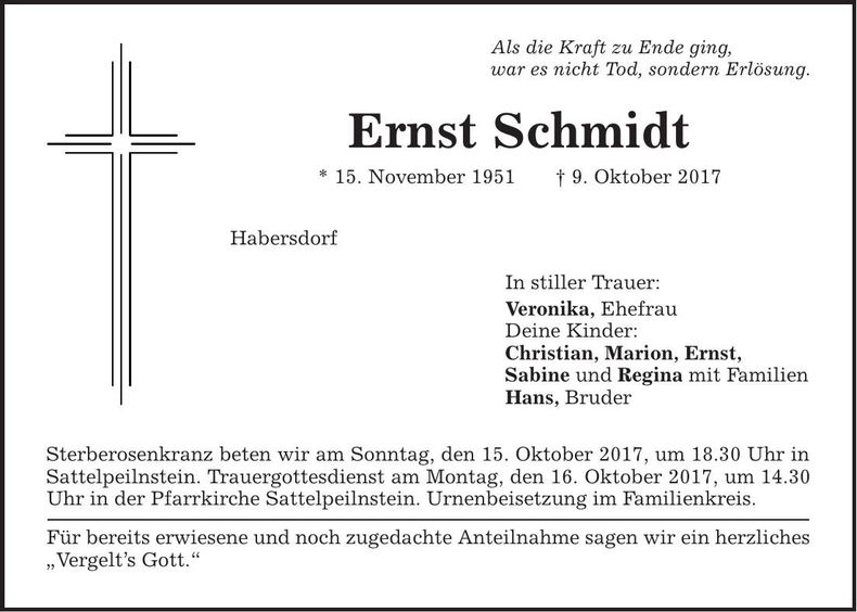 Traueranzeige Ernst Schmidt
