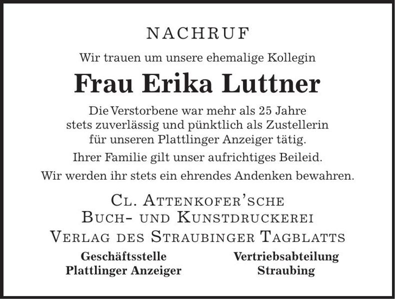 Traueranzeige Erika Luttner