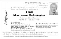 Traueranzeige Marianne Hofmeister