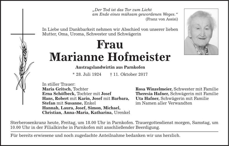 Traueranzeige Marianne Hofmeister