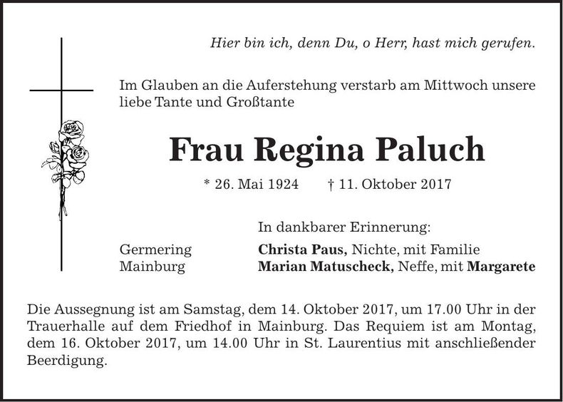 Traueranzeige Regina Paluch