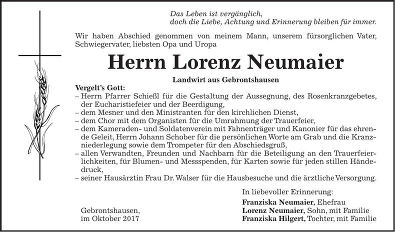 Traueranzeige Lorenz Neumaier