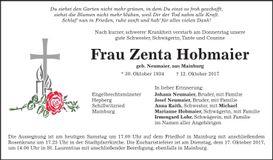 Traueranzeige Zenta Hobmaier