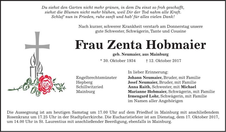 Traueranzeige Zenta Hobmaier