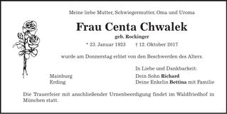Traueranzeige Centa Chwaklek