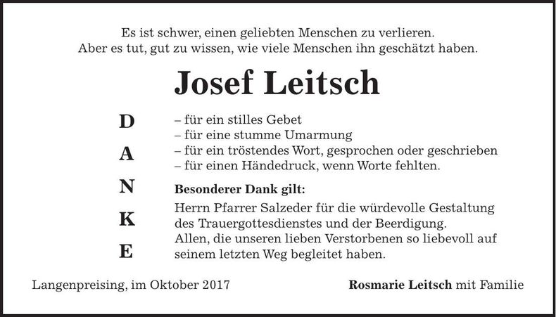 Traueranzeige Josef Leitsch