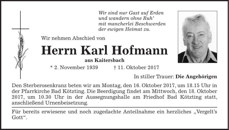 Traueranzeige Karl Hofmann