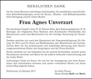 Traueranzeige Agnes Unverzart