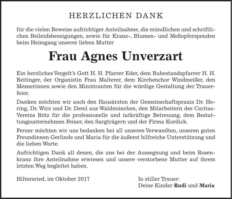Traueranzeige Agnes Unverzart