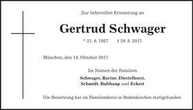Traueranzeige Gertrud Schwager