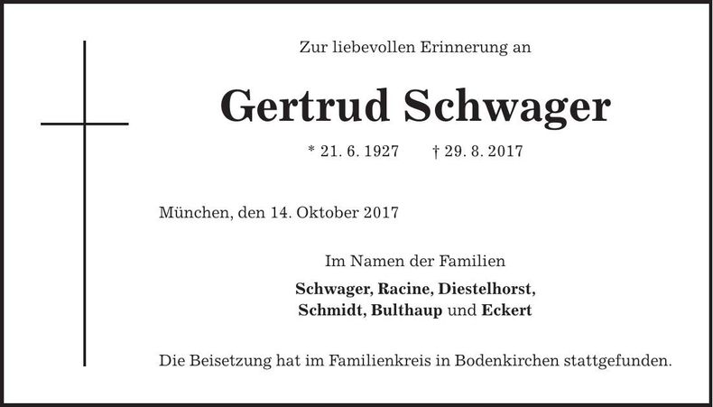 Traueranzeige Gertrud Schwager