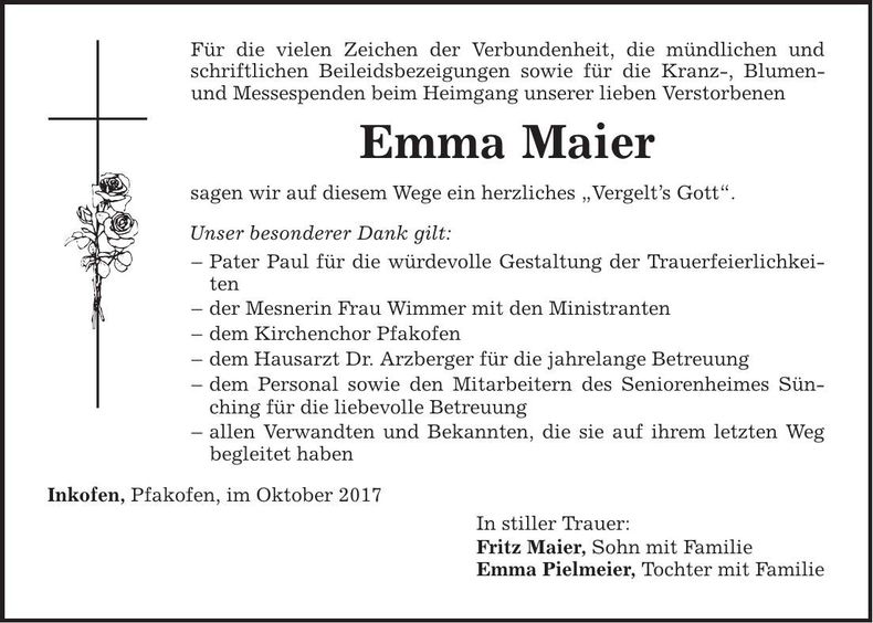 Traueranzeige Maier Emma