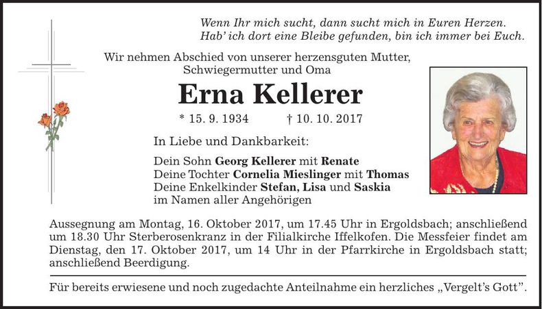 Traueranzeige Erna Kellerer