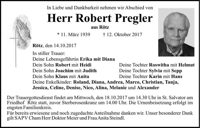 Traueranzeige Robert Pregler