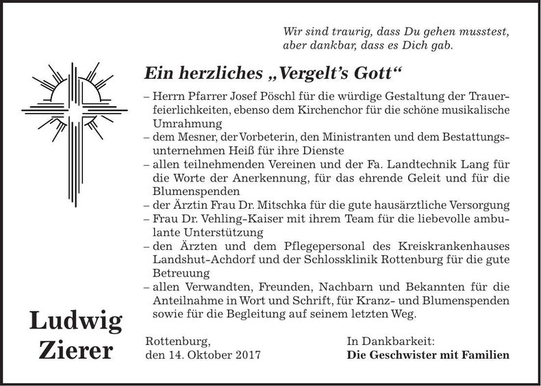 Traueranzeige Ludwig Zierer