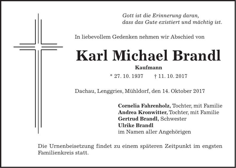 Traueranzeige Karl Michael Brandl