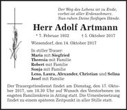 Traueranzeige Adolf Artmann