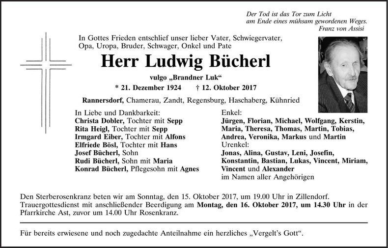 Traueranzeige Ludwig Bücherl