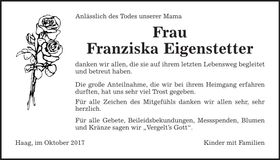 Traueranzeige Fanziska Eigenstetter