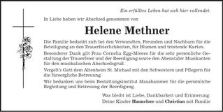 Traueranzeige Helene Methner