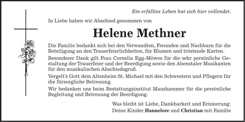 Traueranzeige Helene Methner