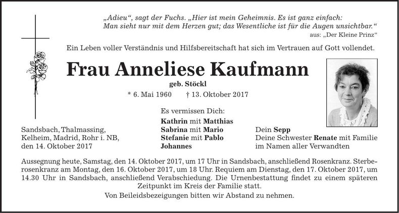 Traueranzeige Anneliese Kaufmann