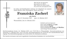 Traueranzeige Franziska Zacherl