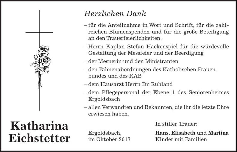 Traueranzeige Katharina Eichstetter
