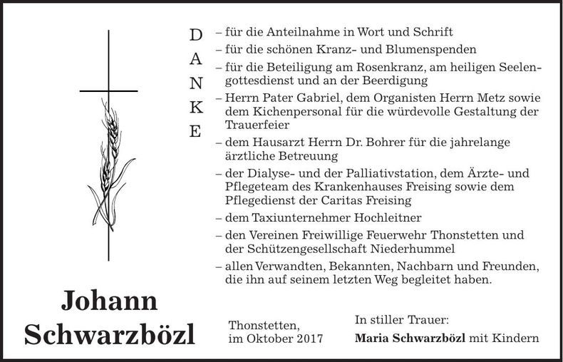 Traueranzeige Johann Schwarzbözl