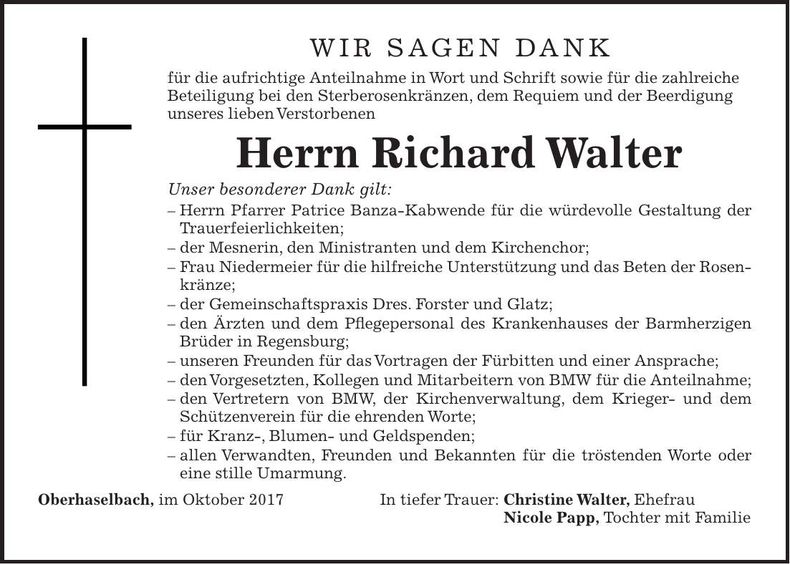 Traueranzeige Richard Walter