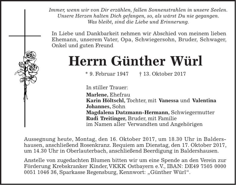 Traueranzeige Günther Wührl
