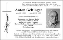 Traueranzeige Anton Geltinger