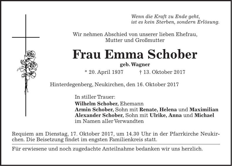 Traueranzeige Emma Schober