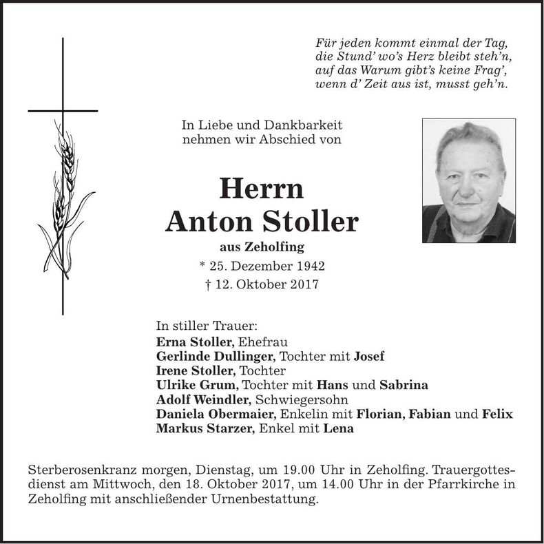 Traueranzeige Anton Stoller