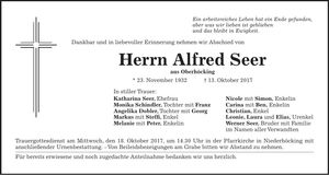 Traueranzeige Alfred Seer