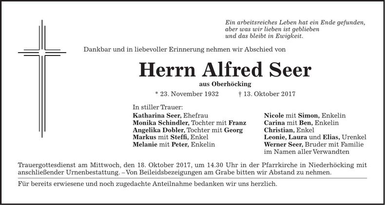 Traueranzeige Alfred Seer