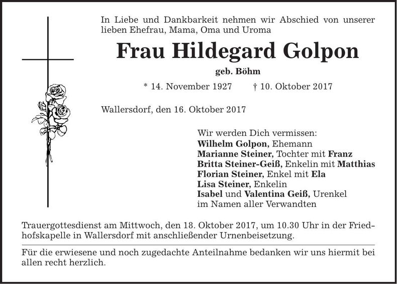 Traueranzeige Hildegard Golpon