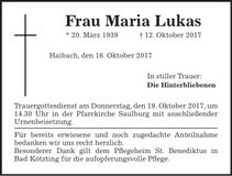 Traueranzeige Maria Lukas