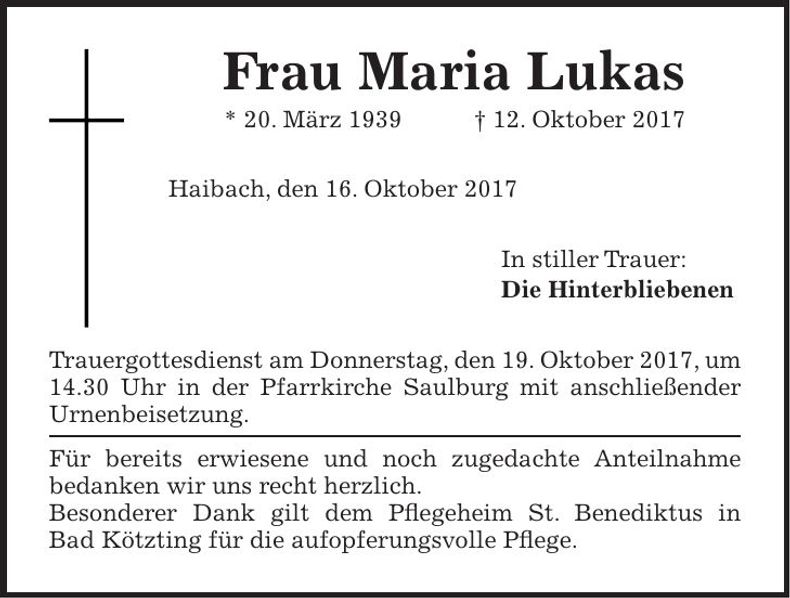 Traueranzeige Maria Lukas