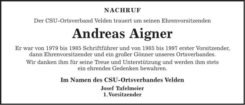 Traueranzeige Andreas Aigner