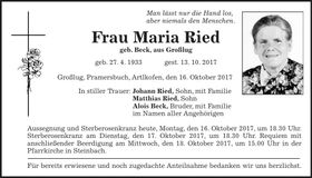 Traueranzeige Maria Ried