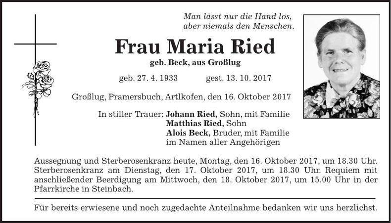 Traueranzeige Maria Ried