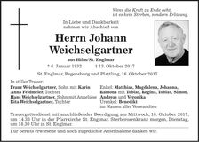 Traueranzeige Johann Weichselgartner
