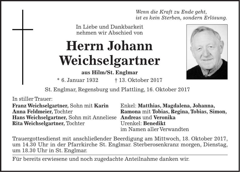 Traueranzeige Johann Weichselgartner