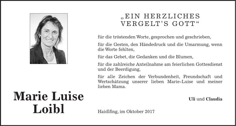 Traueranzeige Marie Luise Loibl