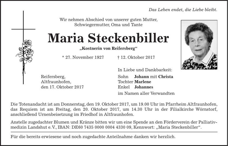 Traueranzeige Maria Steckenbiller