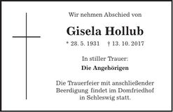 Traueranzeige Gisela Hollub