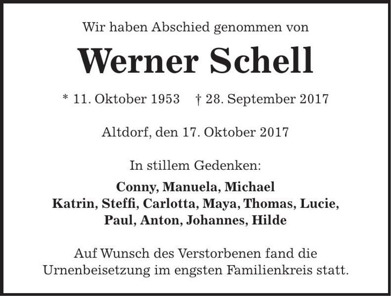 Traueranzeige Werner Schell