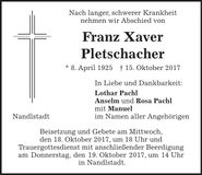 Traueranzeige Franz Xaver Pletschacher