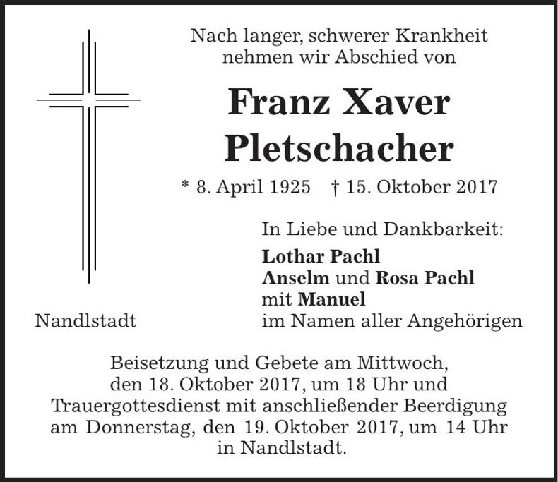 Traueranzeige Franz Xaver Pletschacher